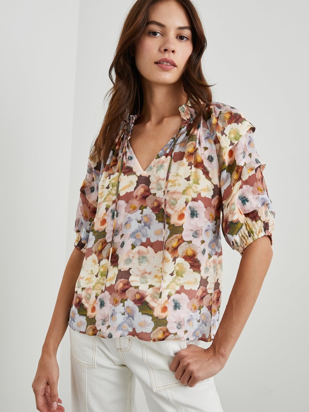Rails Paris Painted Floral Fall Feminine Casual Tie Neck Blouse Top